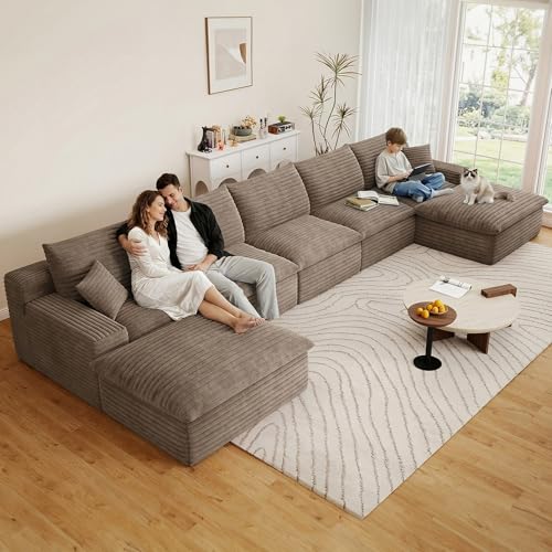 Image of 165 inch Cloud Couch Modular Sectional Sofa for Living Room, U-Shape Boneless Couch with Deep Seat, Modern Corduroy 5-Seater with Ottomans, No Assembly Required, Camel