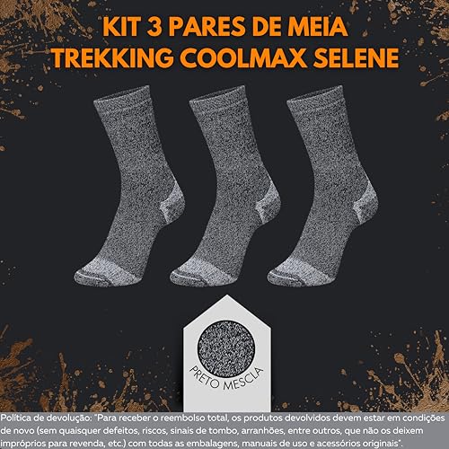 SELENE Kit 3 Pares Meias Trilha Caminhada Atoalhada Trekking Coolmax Bota Coturno, 3 Preto, 39-43