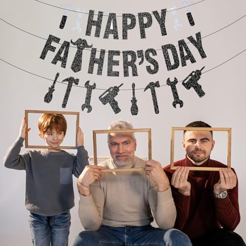 Image of Pre-Strung Happy Fathers Day Banner Party Decorations, NO DIY Glitter Fathers Day Banner with Household Tools Garland for Step Dad Grandpa Papa Home Indoor Mantel Wall Room Photo Props Backdrop Decor