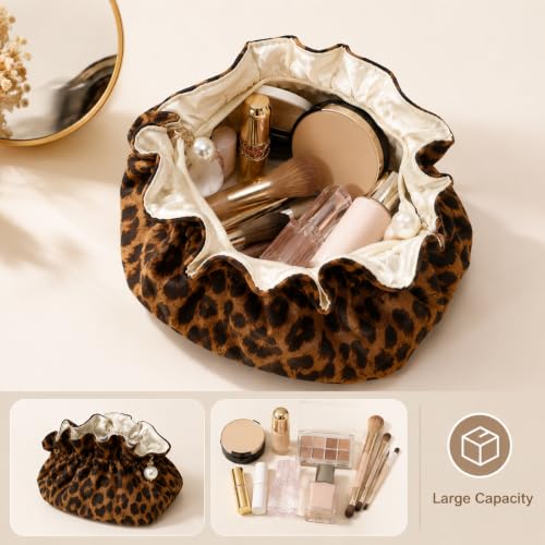 Image of MAYCREATE Leopard Makeup Bag for Women Girls,Cute Cheetah Travel Toiletry Cosmetic Bags,Aesthetic Make Up Bag Portable Zipper Skincare Storage