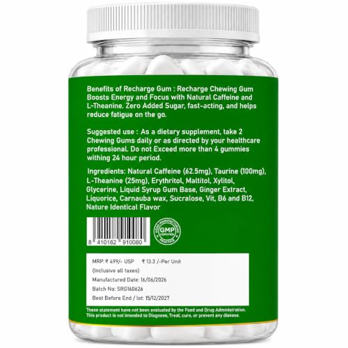 Image of Caffeine Energy Gum with L-Theanine and Taurine for Focus, Memory & Alertness | Zero Added Sugar Chewing Gum | Mint Flavor | 30 Gums