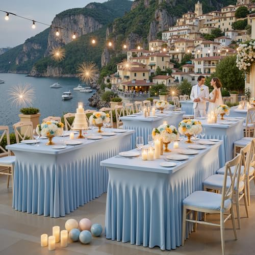 Image of Outpain Dusty Blue Spandex Table Clothes for 6 Foot Rectangle Tables-2Pack 6FT Spandex Fitted Table Cover, Wrinkle Free Tablecloths with Skirt for Parties, Wedding, Birthday, Banquet, Festival