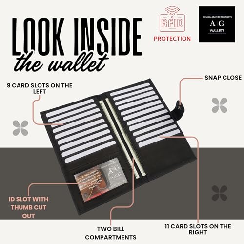 ag wallets Genuine Leather Mens Long ID 19 Credit Card Security Wallet (RFID_BlackSnapClose)2