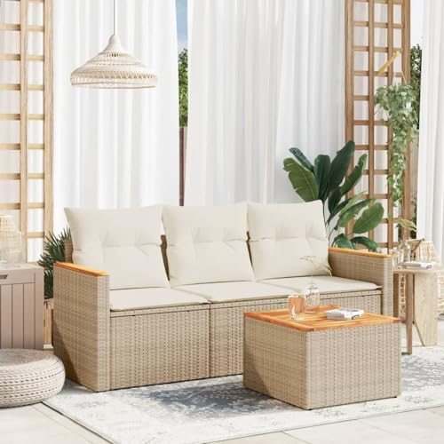 Homgoday Juego de sofás jardín con Cojines 4 pzas ratán sintético Beige Sofá de jardín con Mesa Muebles de jardín Exterior Rattan Garden Furniture Set de Jardin Beige y Crema