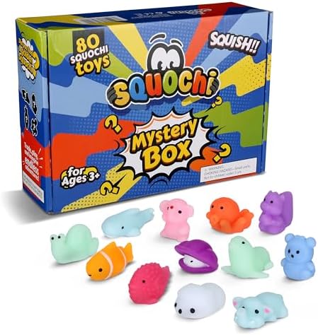 Mystery Pack Mochi Squishy Toys 80pcs – Bulk Value | Individual Blind Bag Fidget Toys | Interactive Box & Storage Tote | Sensory Toys, Party Favors, Classroom Prizes