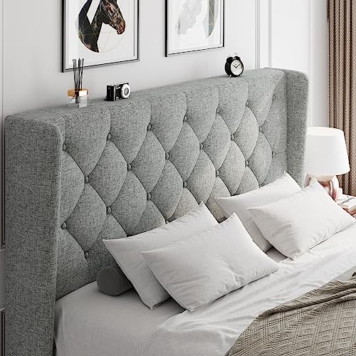 Ipormis Queen Bed Frame Upholstered Wingback Platform Bed Frame With Diamond Button Tufted Headboard, 8" Under-Bed Space, Sturdy Wooden Slats, Noise-Free, No Box Spring Needed, Light Gray #TOP3