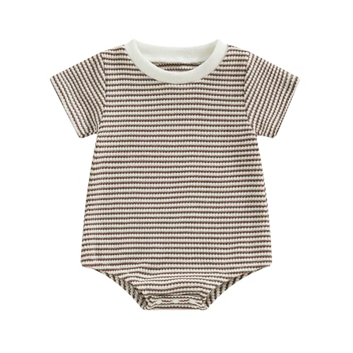 Newborn Baby Boy Girl Waffle Romper Short Sleeve Solid Striped Cr...