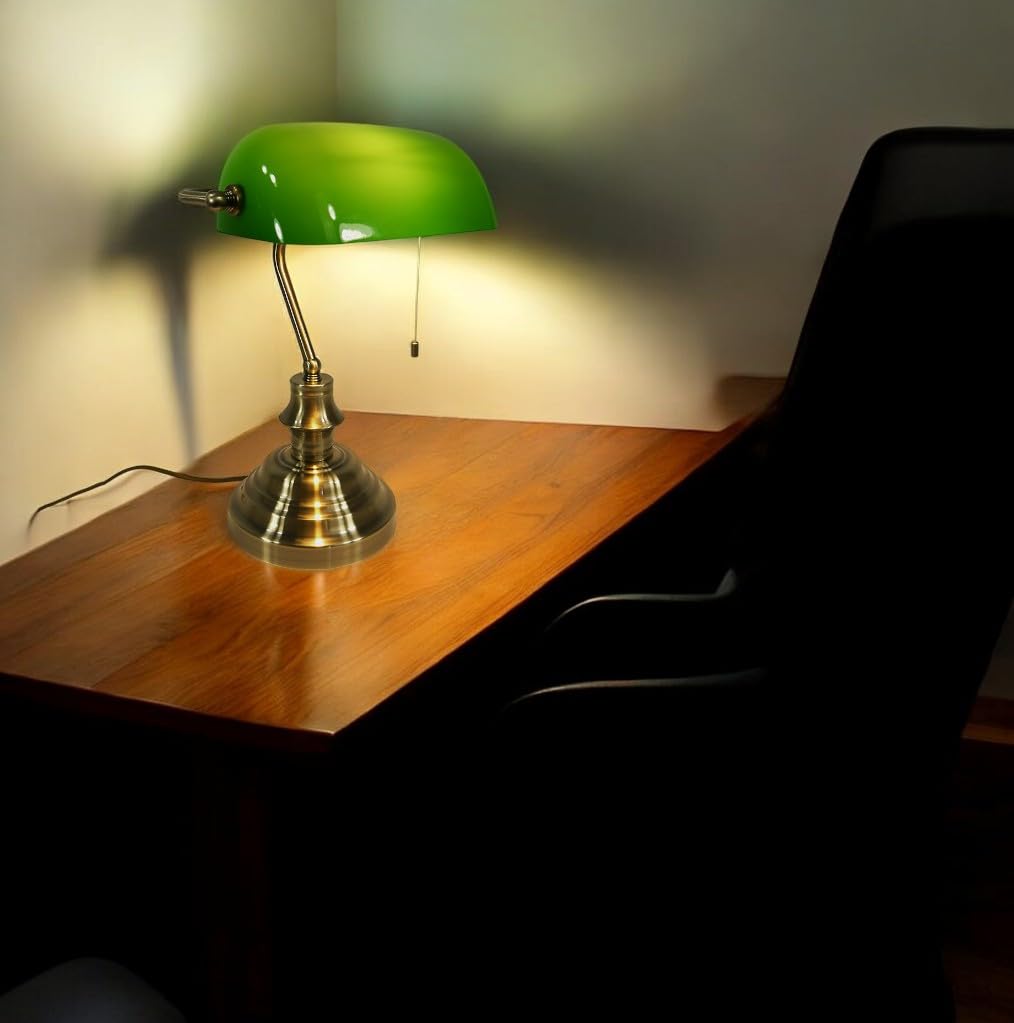 Dapo Bankerslampe Schreibtischleuchte mit Zugschalter Fassung E27 Bürolampe altmessing Schirm grün Arbeits-Nachttisch-Tisch-Lampe-Leuchte Nostalgielampe