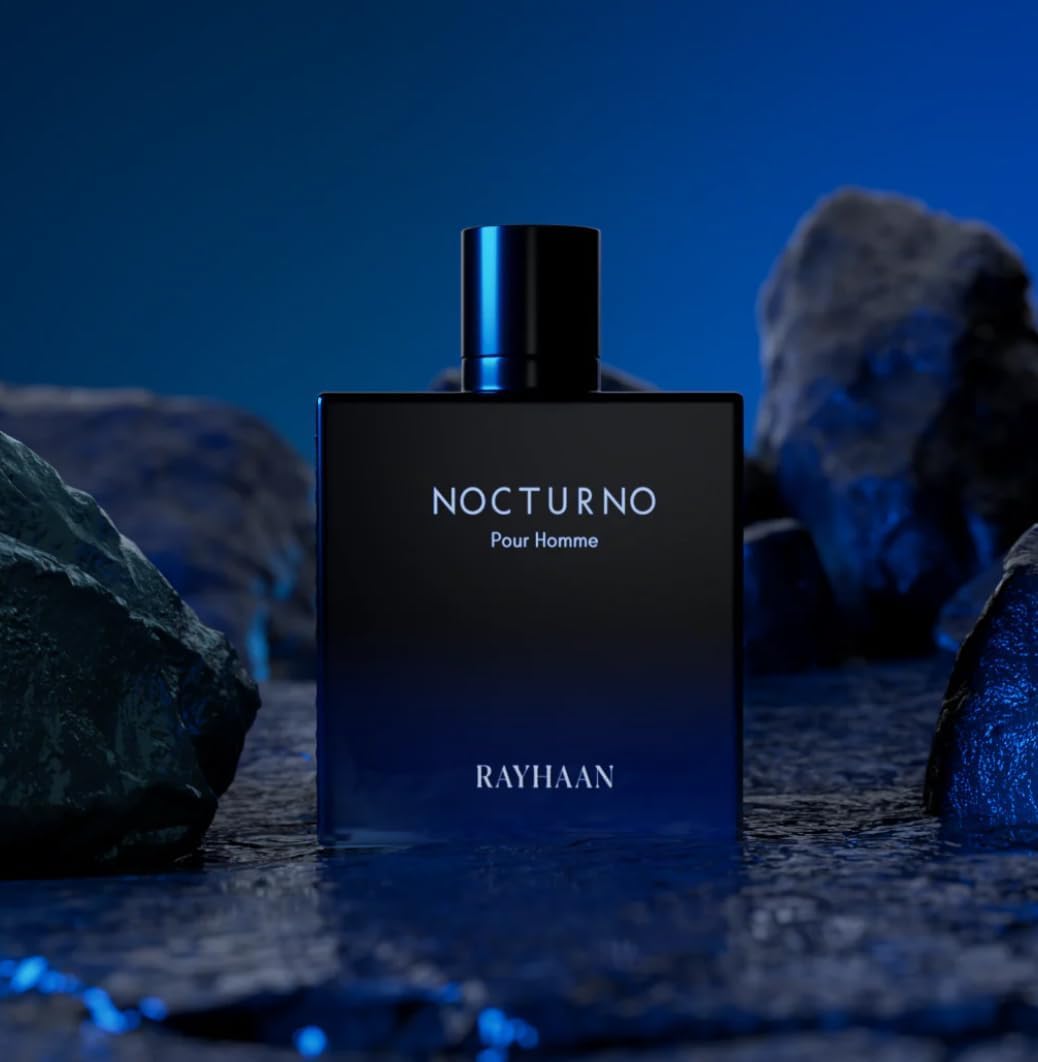 RAYHAAN Nocturno Pour Homme Eau de Parfum, Herrenduft, Flasche aus Glas, Schwarz und Blau