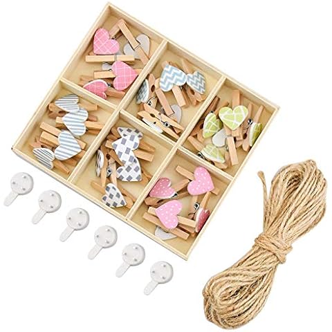Mini Hanging Photo Clips Pegs Photo Hanging Display Pegs 10 Meter Photo Rope With 30 Wooden Clips And 6 Non-Marking Nails For Hanging Photo Line For Beautiful Photo Decoration Children's Room Wall Cover