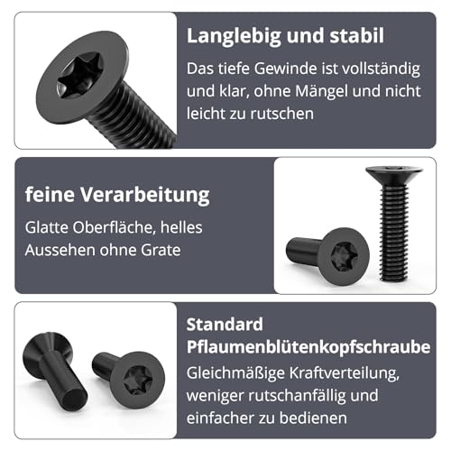 ORTAVA 100 Stück Senkkopfschrauben M3 x 6 mm, M3 Senkkopfschrauben Torx Edelstahl 304, Senkkopfschraube mit Innensechsrund/Torx (ISR/TX) nach Norm ISO 14581 / DIN 965, für Maschinen, Geräte (Schwarz)