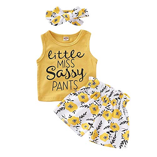 PigMaMa 3 Pcs Infant Baby Girl Clothes Yellow Sleeveless Tank Tops T-Shirt Flower