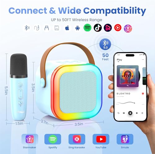 Image of NHR Mini Karaoke Machine for Kids Ages 3-12 & Adults with Wireless Microphone, Portable Bluetooth Speaker with RGB LED Lights & 5 Voice Effects, Birthday Gift Toy for Toddlers Boys Girls K12