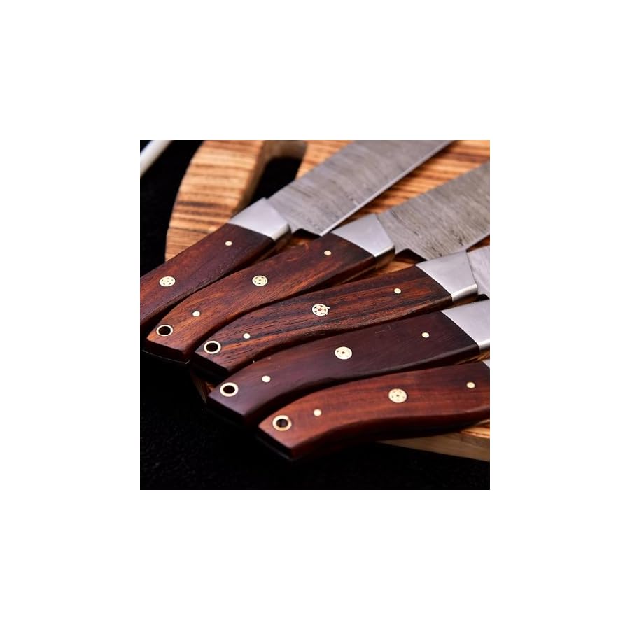 HM-(Brown) Custom Made Damascus Steel #6 Pcs of Professional Utility Kitchen knives Set Comes with Sweet Leather Roll Kit (3712)