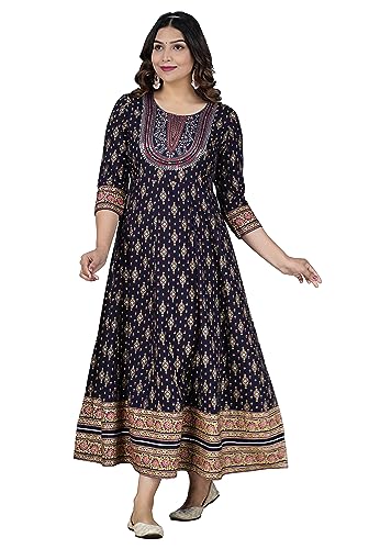 Image of Women's Rayon Embroidered Anarkali Kurti | Elegant Blue & Pink Long Kurti for Women | Premium Ethnic Wear for Diwali & Wedding | Stylish Comfortable Festive Outfit in Floral Design