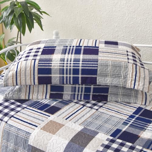 Image of Jarson 3 Pcs Plaid Daybed Cover Set Twin Size Navy White Brown Sofa Cover Double Side Bed Set Classic Patchwork Bedding Sets Daybed Quilt Set with Pillow Shams