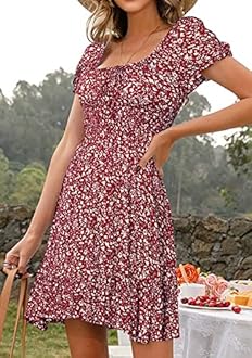 Livonmone Womens Summer Casual Sweetheart Neckline Puff Sleeve Floral Print High Waist Dress Boho Beach Mini Short Dresses