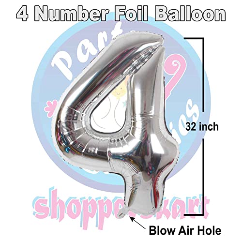 Image of Silver 32 Inches 4 Numbers Shape Large Big Foil Helium Balloons For Party Decorations In Happy Birthday Anniversary Office Items Materials Set Pack, Pack Of 1