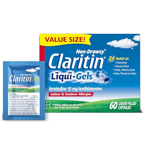 Claritin Allergy Medicine for Adults 24-Hour Non-Drowsy Loratadine 10mg Antihistamine 60 Liquid Gels + 1ct On-The-Go Relief