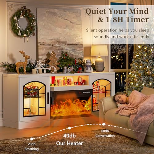 Image of Waleaf 60 inch Fireplace TV Stand for TVs up to 65 inch with 3-Sided Glass Fireplace, Farmhouse Entertainment Center Modern Console with Adjustable Flame Color, Storage Cabinet for Living Room, White
