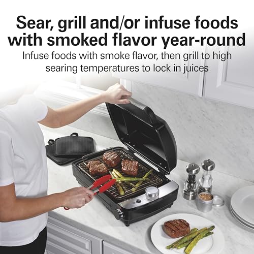 Hamilton Beach Electric Indoor Grill with Hot and Cold Smoke Infuser, 150°F - 450°F Temperature Control For Searing, Vented Hood and Fan, 116 Sq. In. Non-Stick Cooking Surface, Black (25375)