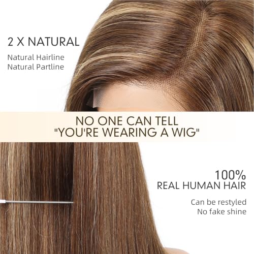 Image of KKU 100% Human Hair Wigs for Women,Real Human Hair Wigs,Side Swept Bangs Lace Front Wig(Brown With Blonde Highlight)
