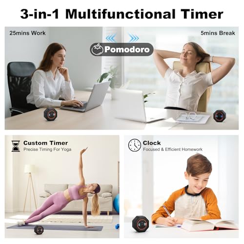 Image of Small Productivity Timer - Pomodoro Timer with 3 /5 /10 /25 /60 Min Presets & Custom Countdown | Magnetic Rechargeable Digital Clock for Desk, Study and Games (Black)