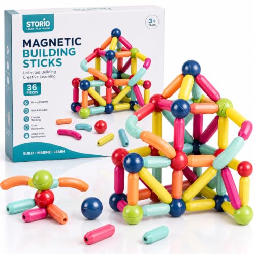 Image of Storio Magnetic Building Blocks for Kids | Construction STEM Building Toys for Kids 2-5 Years | Safe Magnetic Blocks for Toddlers, Boys & Girls | Educational Blocks & Magnet Toys (36pcs)
