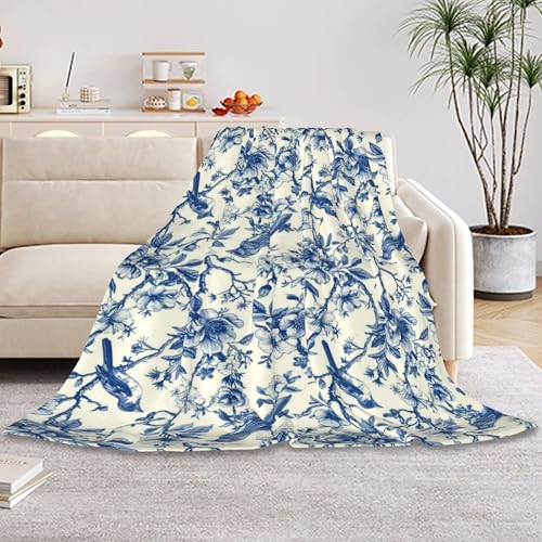 HUSITI Blue Flower Bird Flannel Blanket Throw,Blankets for Couch Sofa Bed Lounging,Home Blanket Decoration, for Adults Wife Self,50"x60"