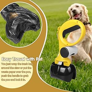 Pet Pooper Scooper for Dogs and Cats with Trash Bags Holder, Non-Breakable High Strength Material Poop Scooper for Easy Grass and Gravel Pick Up(Including a roll of Trash Bag) (Yellow)