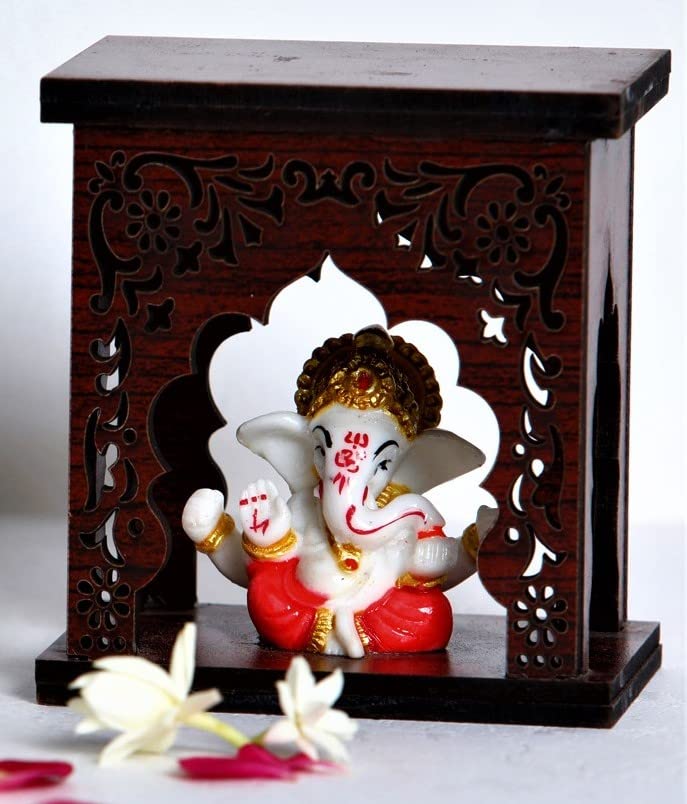 Image of EXPLEASIA Ganesha Idol with Wooden Temple for Home Mandir, Car Dashboard, Gift Items (Ganesha 2), Religious
