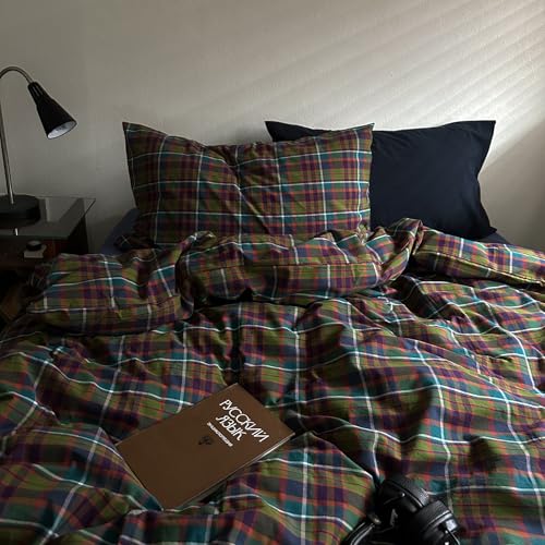 Image of VM VOUGEMARKET Retro Preppy Gingham Plaid Duvet Cover King Size,Colorful Green & Purple Tartan Bedding Set Washed Cotton Textured Breathable Comfy Duvet Cover with Zipper Closure