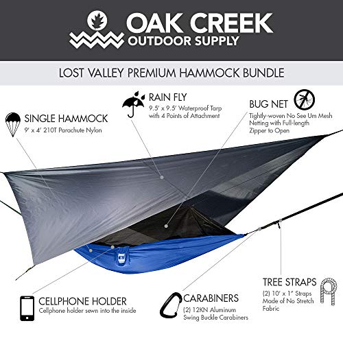 Oak Creek Lost Valley Camping Hammock. Bundle Includes Mosquito Net, Rain Fly, Tree Straps, Compression Sack. Weighs Four Pounds, Perfect For Camping. Lightweight Nylon Single Hammock. #TOP1
