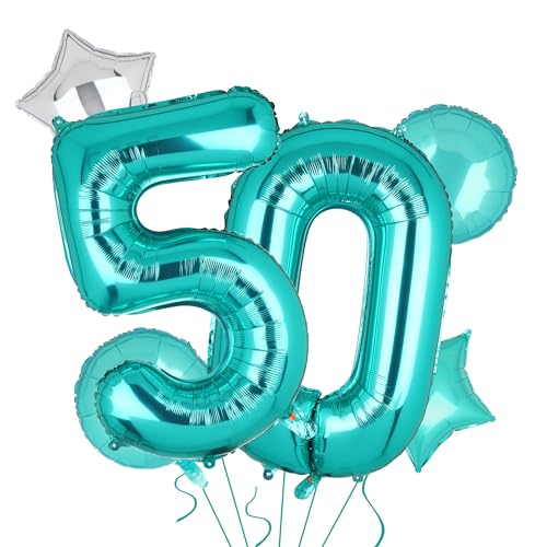 Image of Teal Blue Number 50 Balloons 40 Inch 50th Birthday Anniversary Theme 5 Pcs | Big Helium Mylar Digital Balloon Mermaid Wedding Party Decor Supplies