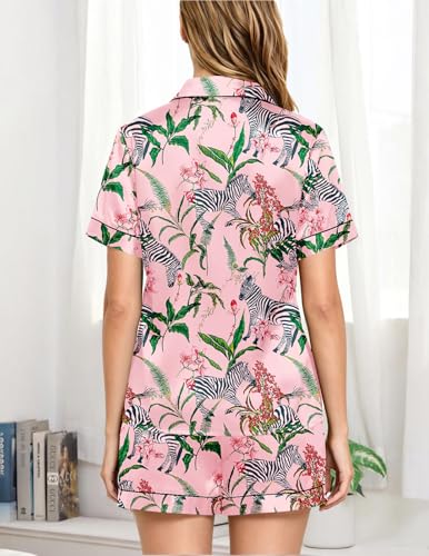 Image of Veseacky Women Satin Pajamas Set 2 Piece Button Down Short Sleeve Soft Sleepwear with Pockets