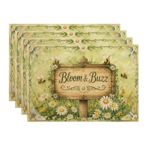 Lot de 4 sets de table Florering & Buzz - Motif floral - Pour table à manger - Printemps été nature - Antidérapants - Lavables - Pour intérieur et...