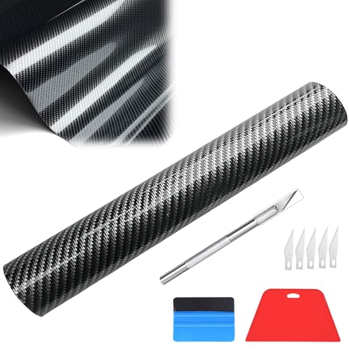 Car Vinyl Wrap 6D,Car Sun Strip,Carbon Fiber Vinyl Wrap,Gloss Black 150x30cm,Self-adhesive Waterproof Wrap Roll with Installation Tools,Universal PVC Windshield Sticker for Most Vehicles,Electronics