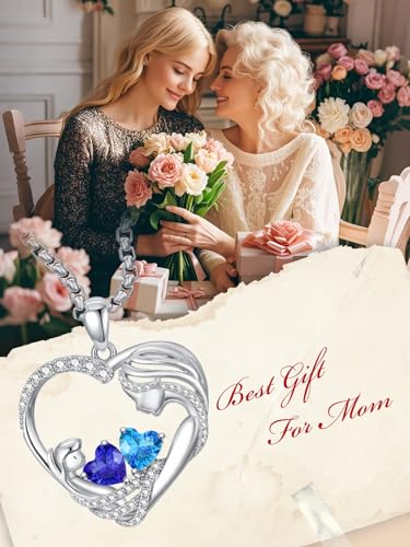 Mother and Daughter/Son Necklace with 2 Heart Birthstone, Forever Love Heart Jewelry Christmas Valentines Mothers Day Birthday Gifts for Women Grandma Mom From Daughter Son2