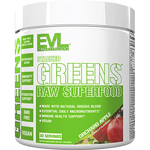 Evlution Nutrition Stacked Greens Raw Superfood, Vegan, Gluten-Free, 30 Servings (Orchard Apple V2)