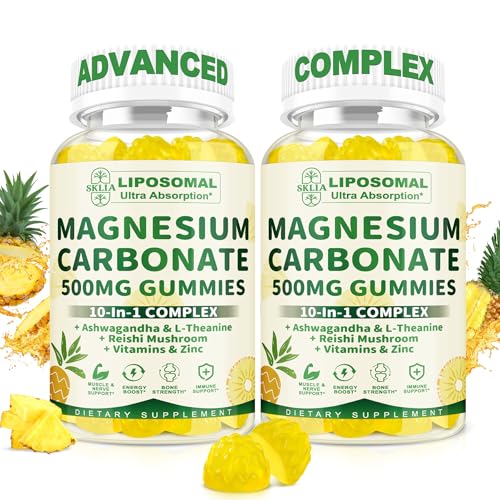 Liposomal Magnesium Carbonate Gummies 500 mg — Magnesium Supplement with Ashwagandha, L-Theanine, Calcium & Vitamin D3 for Muscle & Nerve Support, Sugar-Free Vegan Pineapple Flavor (60 Count) 2P