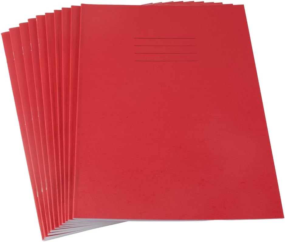 Hamelin A4 Exercise Books, 48 Pages, Red, Pack of 10 for School, 8 mm Ruled and Margin