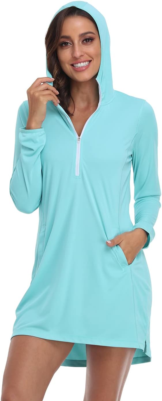 HDE Beach Coverups for Women UPF 50 Long Sleeve Swim Cover Up Dress with Hood Quick Dry Sun Protection Tunic with Pockets
