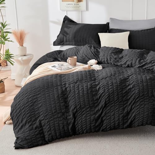 Image of HYMOKEGE Black /Light Grey King Size Comforter Set Seersucker 7 Pieces, All Season Luxury Bed in a Bag for Bedroom, Bedding Set with Comforter, Sheets, Pillowcases & Shams