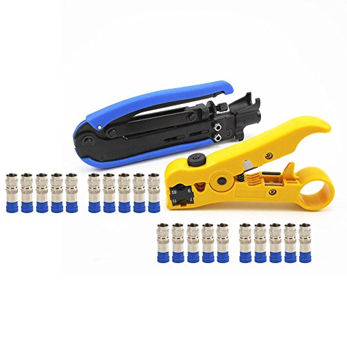 NUZAMAS Cable coaxial coaxial conector F crimpadora pelacables juego RG6 RG59 RG11 compresión crimpado corte cable TV herramienta manual 20 conectores de compresión F incluidos