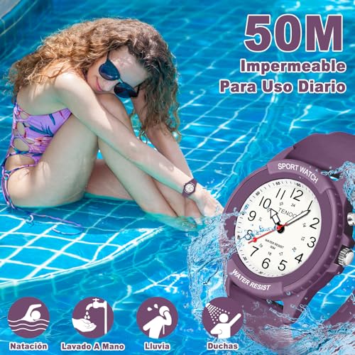 TENOCK Reloj De Pulsera Deportivo para Mujer AnalóGico De Cuarzo Resistente Al Agua hasta 50 M con Luz Nocturna para Combinar con Moda Casual O Actividad Deportiva (Rosa Intenso) - imagen 2