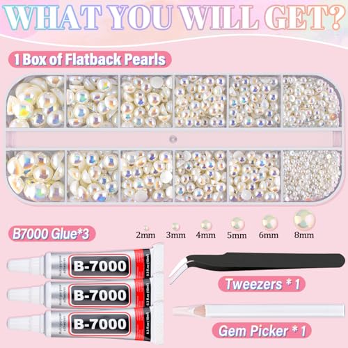 Image of Flatback Pearls for Crafting with 3Pcs 10ml B7000 Jewelry Glue, 1 Box of Half Round Beige AB Pearls, Bedazzling Beads for DIY Crafts Clothing Tumblers Shoes Embellishment Nail Art