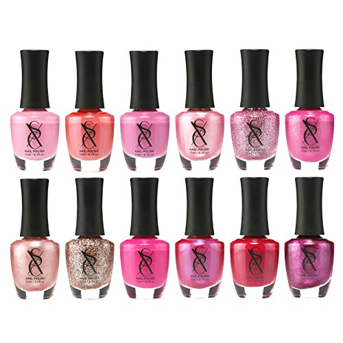 SXC Cosmetics Nail Polish Set, 15ml/0.5oz Full Size Nail Lacquer Gift lot (Pink, Metallic, Neon, Pastel, Gold & Glitter) (12 Color Set, Pink)