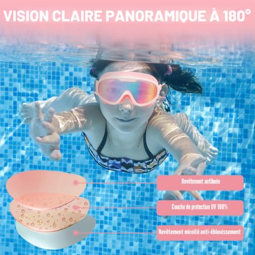 Fonyet Lunettes de natation HD pour enfants avec bouchons d'oreilles et bandeau réglable, grand angle, anti-buée, protection UV, avec grand cadre, pour enfants de 6 à 15 ans, galvanisation rose – vue 3