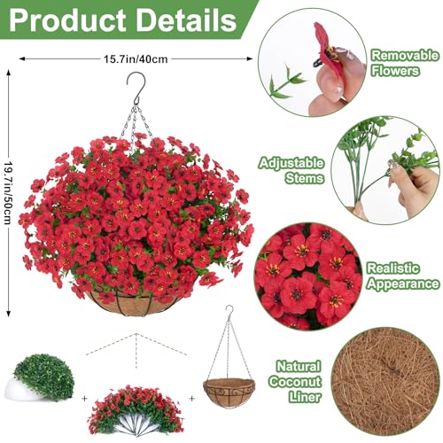 Image of Bassion Artificial Hanging Silk Flowers for Outdoors with Basket, Red