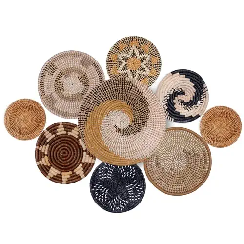 Decocoon Set of 9 Handcrafted Boho Wall Basket Decor, Easy Hanging with Loops, Natural Materials, Suitable for Any Home Style, Vietnamese Woven Basket Wall Decor for Living Room, Bedroom, Kitchen